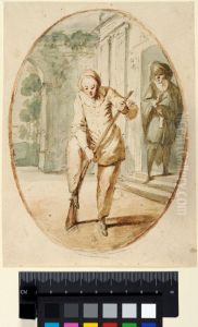 Two Commedia dell'Arte Figures, within Oval by Claude Gillot