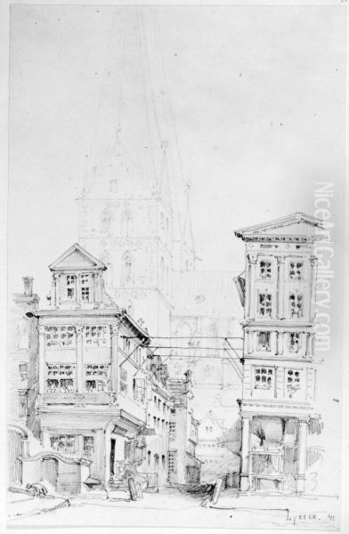 Gatuperspektiv med en kyrka (Marienkirche?) i bakgrunden, Lubeck - view 1