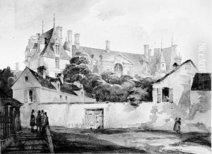 Exterior av Chateau d'Ecouen. I forgrunden en gata med en gammal mur och figurer