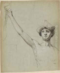 Naken figur vid draperi, modellstudie by Thomas Couture