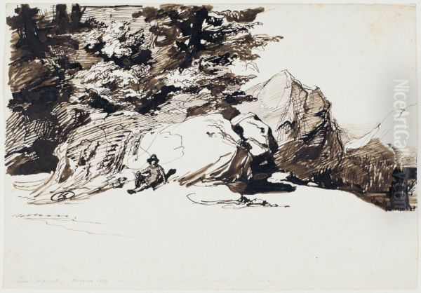 A Boy Sitting in a Rocky Landscape - view 1