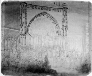 Skiss av kyrklig procession vid Uppsala domkyrkas sydportal by Fredrik Wilhelm Scholander