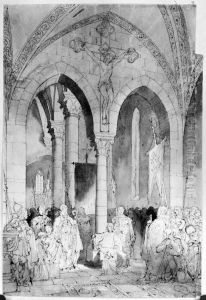 Interior med figurer, Fole kyrka, Gotland by Fredrik Wilhelm Scholander