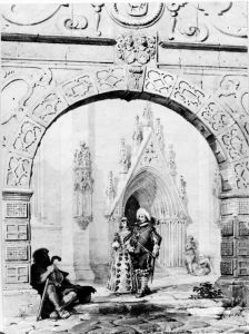 Visby domkyrkas sodra portal och kyrkogardsarkaden med figurer by Fredrik Wilhelm Scholander