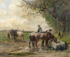 Chevaux Des Champs A L'abreuvoir by Leon Georges Calves