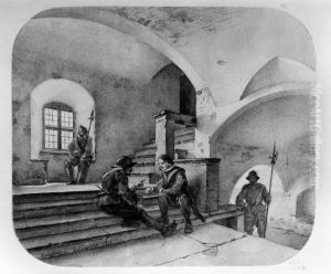 Kungstrappan, med hillebardiarer och spelande knektar, Kalmar slott by Fredrik Wilhelm Scholander