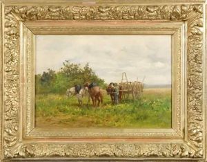 Chevaux Tirant Une Charrette by Leon Georges Calves