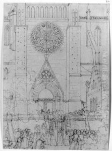 Fantasibild fran 1300-1400-talet med katolsk procession framfor Uppsala domkyrka