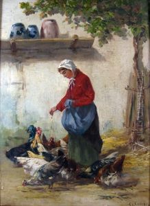 Feeding The Chickens by Leon Georges Calves