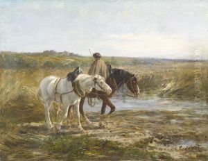 Landschaft Mit Rastendem Und Zwei Pferden by Leon Georges Calves