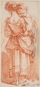 Ung kvinna med barn pa armen, sedd bakifran by Francois Boucher