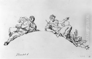 Tva liggande kvinnofigurer for dorroverstycken by Thomas Blanchet