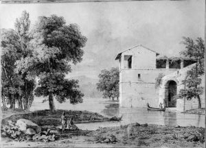 Landskap med hus vid sjo by Jean-Victor Bertin