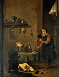An alchemist in his laboratory. by David Teniers the Younger