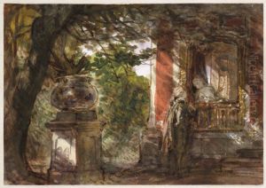5. Fran Drottningholm. Tva rokokofigurer vid paviljong, Kina slott
