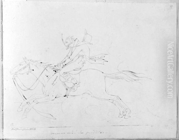 Ridande herre pa en skenande hast, helfigur. Ingar i skissbok innehallande 30 blad med italienska folklivsscener - view 1