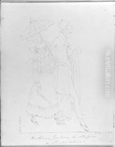 Gaende man och kvinna, helfigur. Ingar i skissbok innehallande 30 blad med italienska folklivsscener by Carl Jacob Lindstrom
