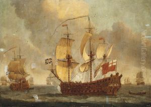An English Fourth Rate ship-of-the-line, announcing her departure from the fleet anchorage