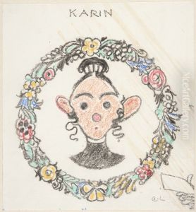 Karikatyr av konstnarens hustru i en blomsterkrans