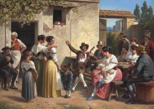 An improvisor. A fisherman from Ischia is improvising for the young girls on his lute. by Wilhelm Marstrand