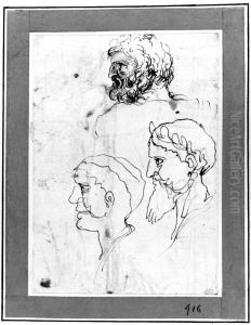 Three heads of bearded men, profiles left by Agostino Carracci