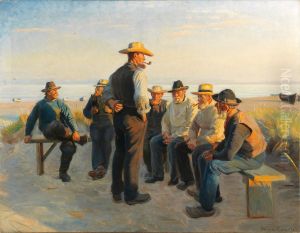 Fishermen resting on Skagen Sydstrand on a summer evening. by Michael Peter Ancher
