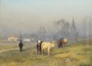 Morning view with cows in a field. by Anders Andersen-Lundby