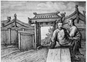 Parti av stadsbefastningen runt Maimatschin, Mongoliet, med en av stadsportarna
