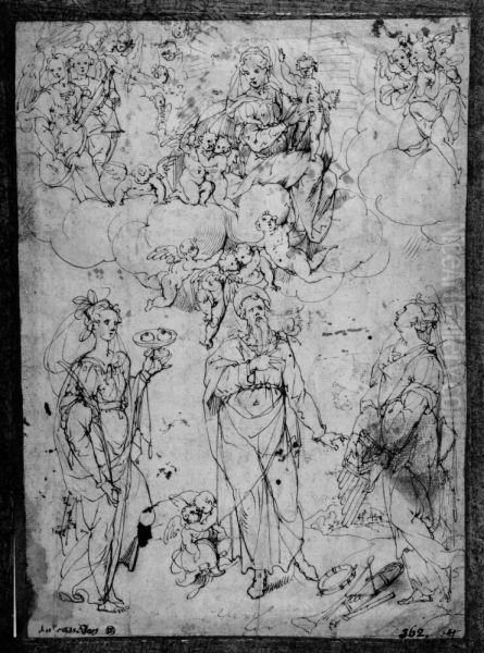 The Virgin with Child Hovering in the Sky, on the Ground St. Justine, a Male Hermit Saint and St. Cecilia - view 1