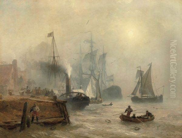 A moored steamer at a busy quay, Holland - view 1
