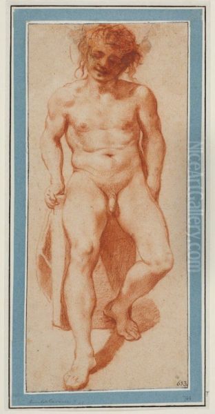 Nude Youth Seated on a Crate Viewed from Front - view 1