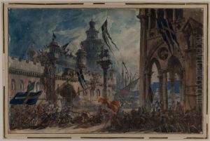 The Charge on Tre Kronor Palace. Design for the Scenery of "Gustav Vasa" by Louis Jean Desprez