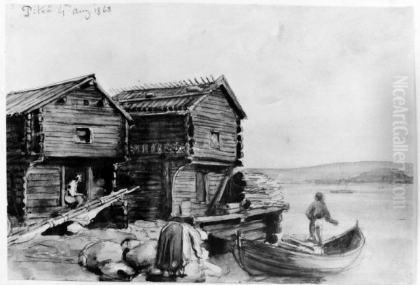 Fiskarbodar vid Pitea. Skissbok "Reseminnen fran Norrland 1858" - view 1