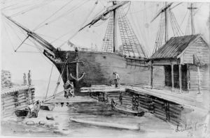 Lulea hamn. Skissbok "Reseminnen fran Norrland 1858" by Fritz Von Dardel