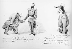 Rettig uppvaktar kronprinsen-regenten. Kapten von Mentzer. Skissbok "Reseminnen fran Norrland 1858"
