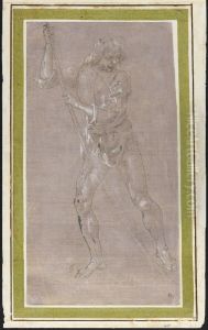 Standing Half-dressed Youth Straddling and Holding a Long Staff