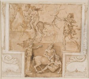Hercules, Nessus and Deianera. Herm pointing to Priapus in combat with a centaur by Filippino Lippi