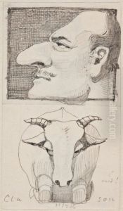 Manshuvud i profil, karikatyr, samt oxe en face Manshuvud i profil, karikatyr, samt oxe en face