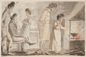 Inkvartering i Ranum ar 1813. Interior med fem personer kring spisen