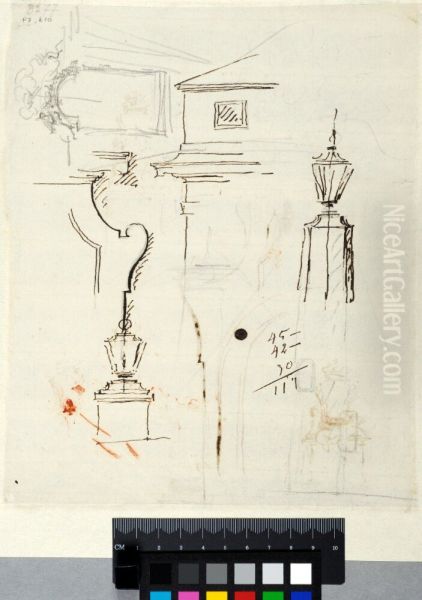 Partial Elevation of Facade with a Cornice, Two Studies for Lanterns, Two Window Surrounds - view 1