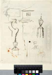 Partial Elevation of Facade with a Cornice, Two Studies for Lanterns, Two Window Surrounds by Carl Harleman
