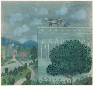 Ben Onis drom. Serie om 8 akvareller. 3, Vid midnattstid landar vinghasten pa taket till kalifens slott by Ivar Arosenius