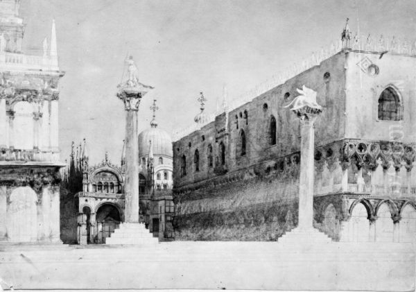 Piazettan med Dogepalatset, de tva kolonnerna och San Markuskyrkan sedd fran Canal Grande, Venedig - view 1
