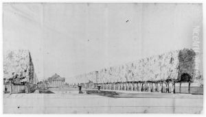 Vy av stora tradgardsdammen med festlokalen pa Karlberg 1770