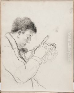 Portrait of Paul Gauguin chiselling on a statuette (Sheet 22 verso of Paul Gauguin's sketchbook) by Camille Pissarro