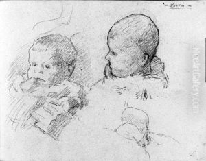 Studier av barnhuvud. Blad 14 recto i skissbok om 36 blad by Paul Gauguin