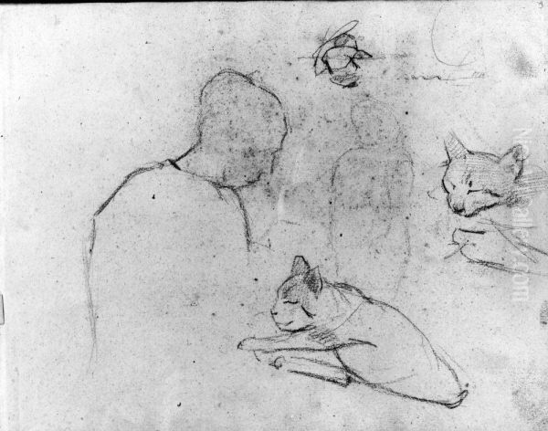 Kvinnoprofil, kattstudier. Blad 3 i skissbok om 36 blad - view 1