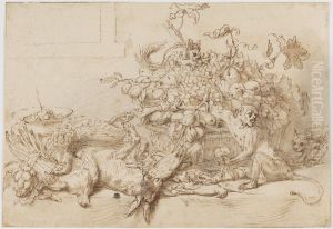 Still Life of Game, Fruit, and Vegetables, with a Monkey, a Squirrel, and a Cat by Frans Snyders