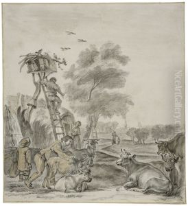 Bonder och boskap framfor en stuga by Cornelis Saftleven