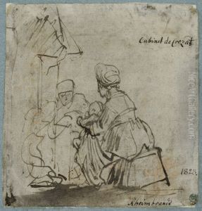 Kvinna varmer ett barn framfor eldstaden by Rembrandt